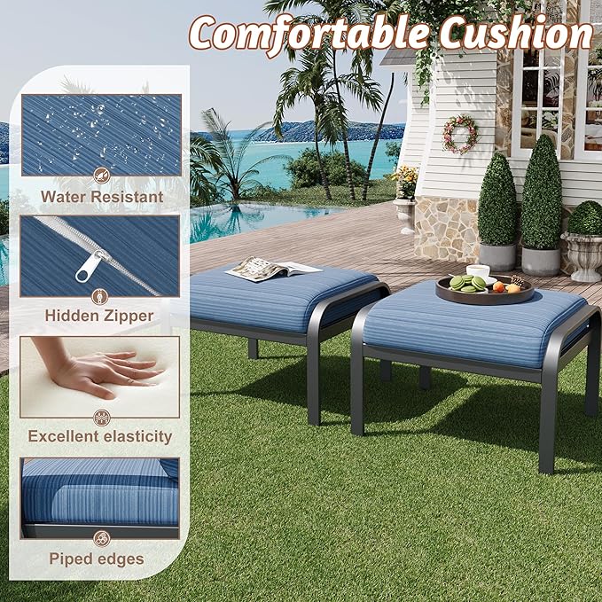 HOMREST Metal Outdoor Ottoman, 2-Piece Aluminum Footstool w/Removable Cushion, Multipurpose Footrest Stool Additional Seating, Set of 2 Outdoor Ottomans for Patio Deck (Blue)