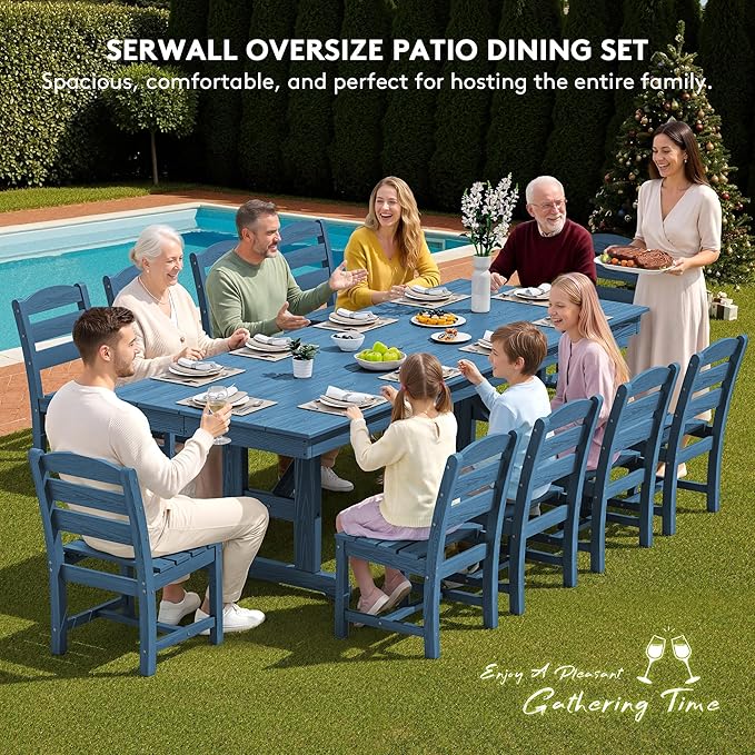 SERWALL 11 Piece Outdoor Dining Set, 84" HDPE Outdoor Table and Chairs for 10，All Weather Patio Furniture Set with Umbrella Hole for Backyard, Garden, Blue