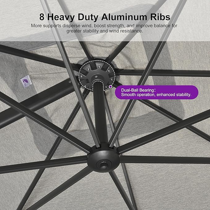 PURPLE LEAF Patio Umbrella 9' X 9' Rectangle Cantilever Umbrella Large Aluminum Outdoor Umbrellas with 360-degree Rotation & UPF40+ Premium Fabric for Deck Pool Garden Yard, Pebble Grey