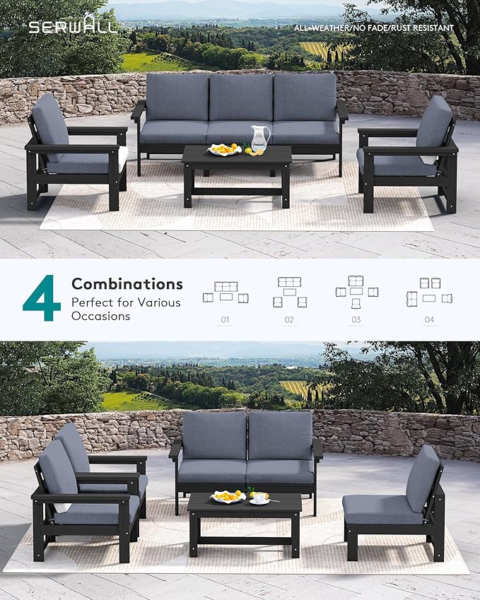 SERWALL HDPE Patio Conversation Set, 6-piece Sectional Outdoor Furniture Set, All Weather Outdoor Couch Set Patio Furniture Set for Deck, Lawn, Black Frame with Grey Cushion
