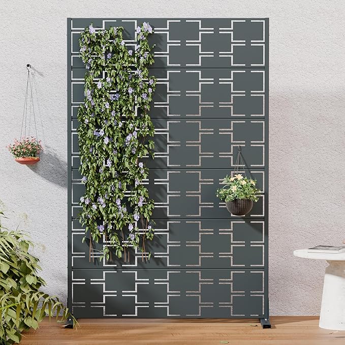 Casaphoria Metal Privacy Screen Outdoor, 72" H x 47" W Freestanding Decorative Privacy Screen for Patio Deck Balcony Garden with Stable Base, Darkgray-Square