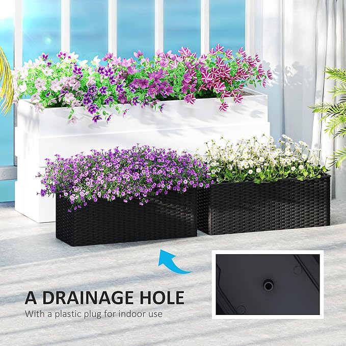 Outsunny Railing Planter Box (2 Pack, 20 Inch), Hanging Flower Pots with Hooks, Drainage Holes for Fence, Balcony, Garden, Patio, Rattan Look, Black