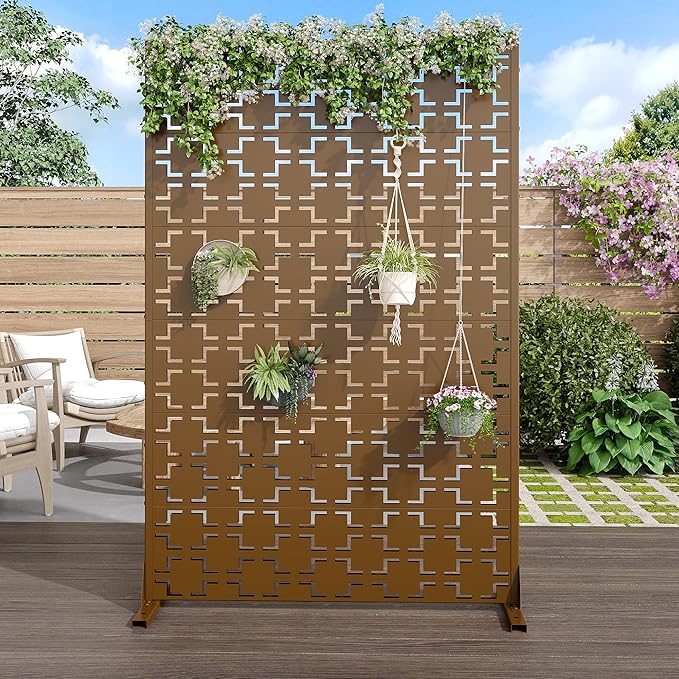 Casaphoria Metal Privacy Screen Outdoor, 72" H x 47" W Freestanding Decorative Privacy Screen for Patio Deck Balcony Garden with Stable Base, Brown-Square