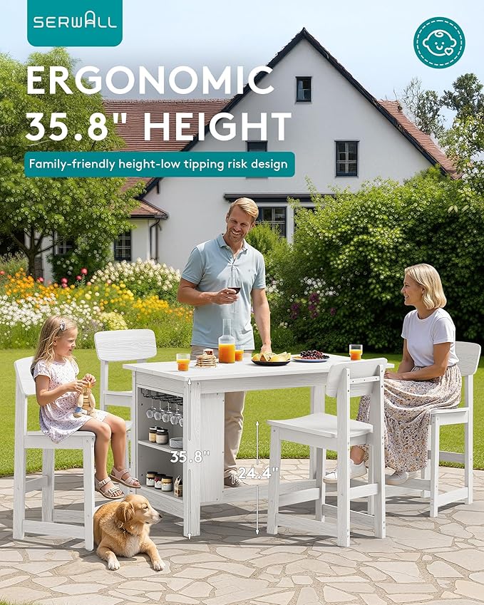 SERWALL 10-Piece HDPE Counter Height Dining Table Sets with Storage and Wine Rack, 2 Rectangular Bar Table with Bar Stools Set of 8 for Garden, Backyard, Kitchen, White