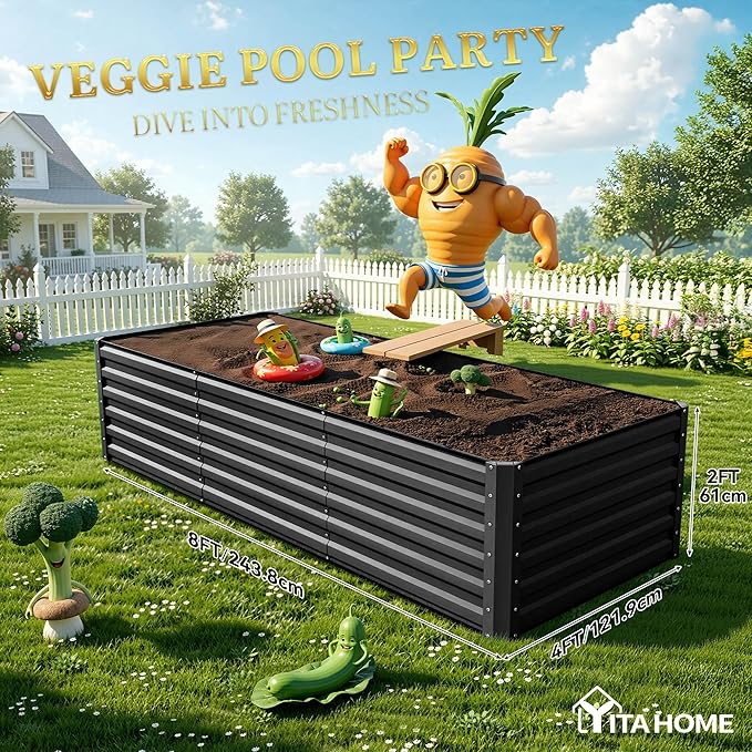 YITAHOME 96x48x24 in Galvanized Raised Garden Bed Kit, Large Metal Planter Box with Gloves, Safety Rubber & Support Rod, Outdoor Flower Bed for Plants Vegetables, Black