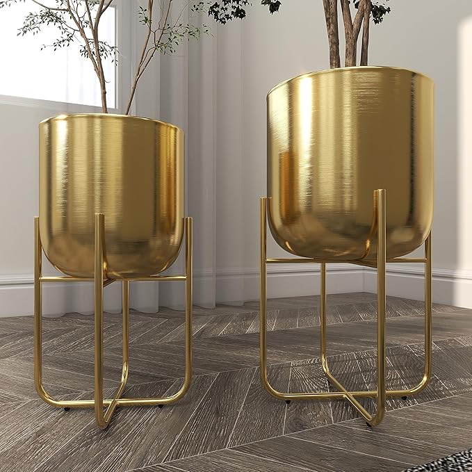 Deco 79 Metal Indoor Outdoor Planter Brushed Dome Large Planter Pot with Curved X-Shaped Bases, Set of 2 Planters 16", 13"H, Gold