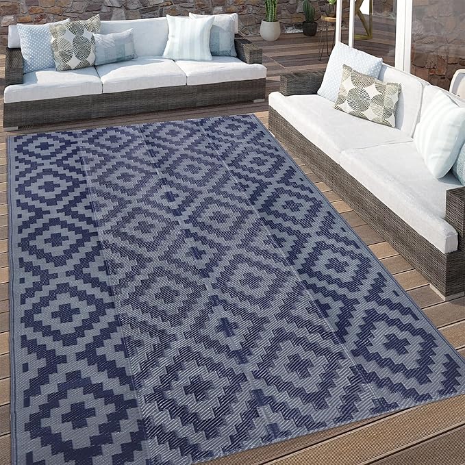 SAND MINE Reversible Mats, Plastic Straw Rug, Modern Area Rug, Large Floor Mat and Rug for Outdoors, RV, Patio, Backyard, Deck, Picnic, Beach, Trailer, Camping (5' x 8', Blue Grey Lattice)