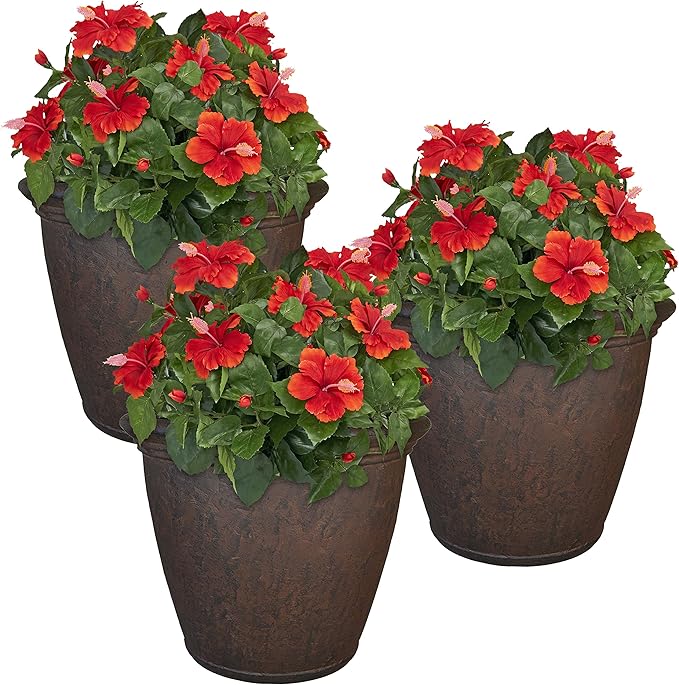 Sunnydaze 24-Inch Anjelica Large Plastic Pot for Plants - Outdoor Double-Walled Large Plastic Planter with Drillable Drainage Holes - Rust - 3pk