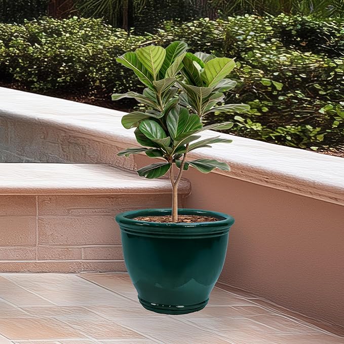 Sunnydaze Large Ceramic Plant Pot - Round Outdoor Glazed Ceramic Planter Pot with Drainage - Studio - Dark Green - 18.5"