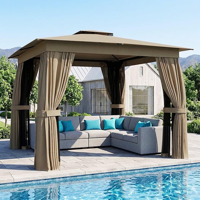 Outsunny 10' x 10' Outdoor Patio Gazebo, Heavy Duty Gazebo Canopy Shelter with Double Roof, Curtains, Netting, Steel Frame, UPF30+ Protection, Ceiling Hook for Lawn, Backyard, Deck, Khaki