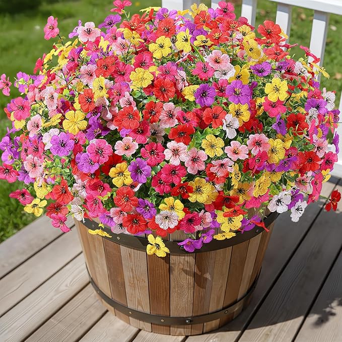 Alupssuc 48 Bundles Artificial Flowers for Outdoors Decoration, UV Resistant Silk Faux Daisy Flora Spring Fake Plastic Plants Greenery for Outside Indoor Yard Home Porch Window Box Decor, Mix 6 Colors