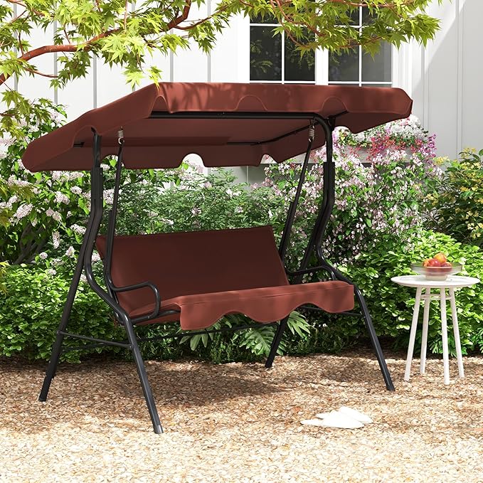 Tangkula 3 Person Porch Swing, Patio Swing with Removable Cushion & Powder-Coated Steel Frame, Outdoor Swing with Canopy for Porch, Backyard, Garden, Balcony (Coffee)