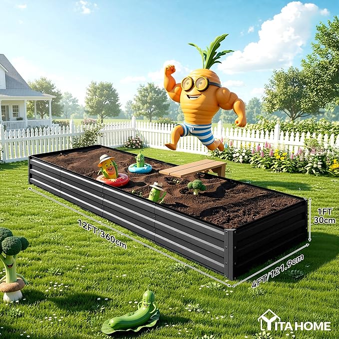 YITAHOME 12x4x1ft 2pcs Large Raised Garden Bed Kit, Galvanized Metal Planter Box with Gloves, Ground Nails, Support Rod, Outdoor Above Ground Planters for Plants Vegetables Flowers, Black