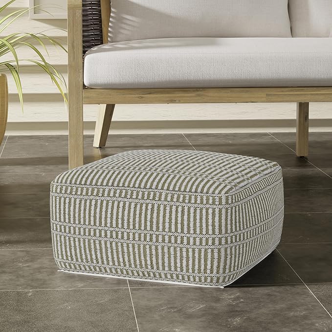 SIMPLIHOME Safford Square Pouf - 20 inch Wide Upholstered PET Polyester Ottoman in Natural/Travertine/White, Boho Indoor/Outdoor Footstool or Extra Seating for Living Room or Bedroom, Assembled
