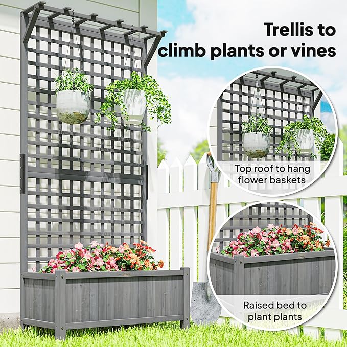 Outsunny Wood Planter with Trellis, Raised Garden Bed for Climbing Plants w/Drainage Holes and Roof, 35.5" x 17.75" x 72", Dark Gray