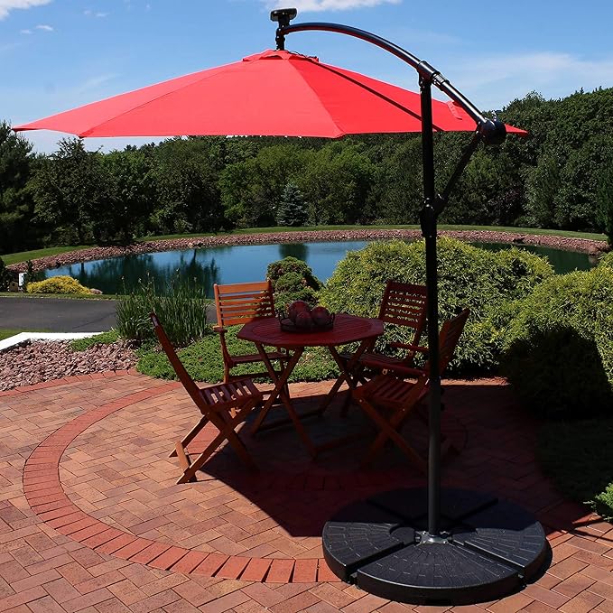 Sunnydaze 10' Solar Offset Patio Umbrella - Solar Cantilever Umbrella Outdoor with LED Lights - Polyester Shade, Air Vent, & Cross Base
