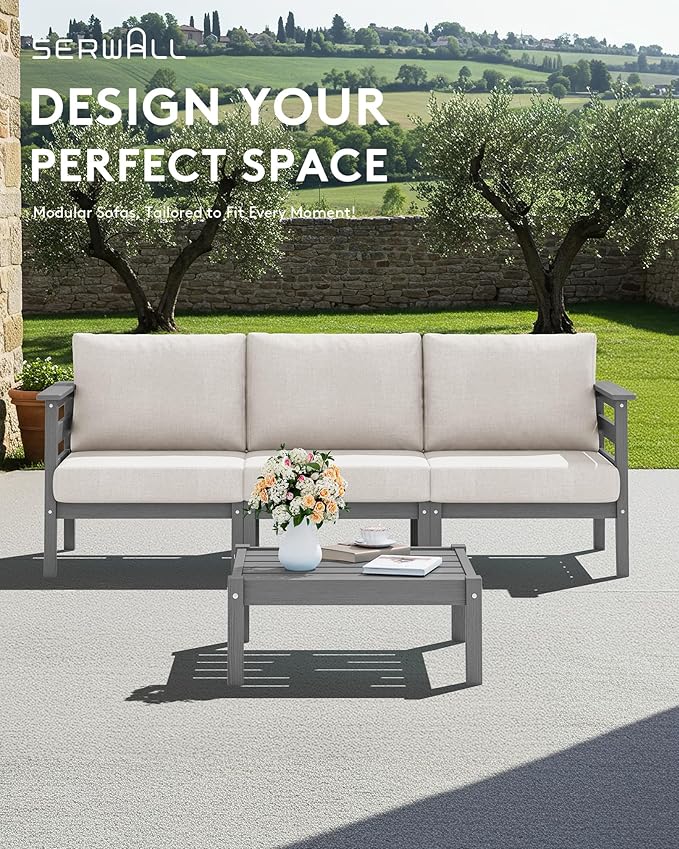 SERWALL HDPE Patio Furniture Set, 4 Pieces Outdoor Sectional Sofa Set, All-Weather Wood-Like Outdoor Sofa Couch with Coffee Table for Deck, Lawn, Grey Frame with Khaki Cushion