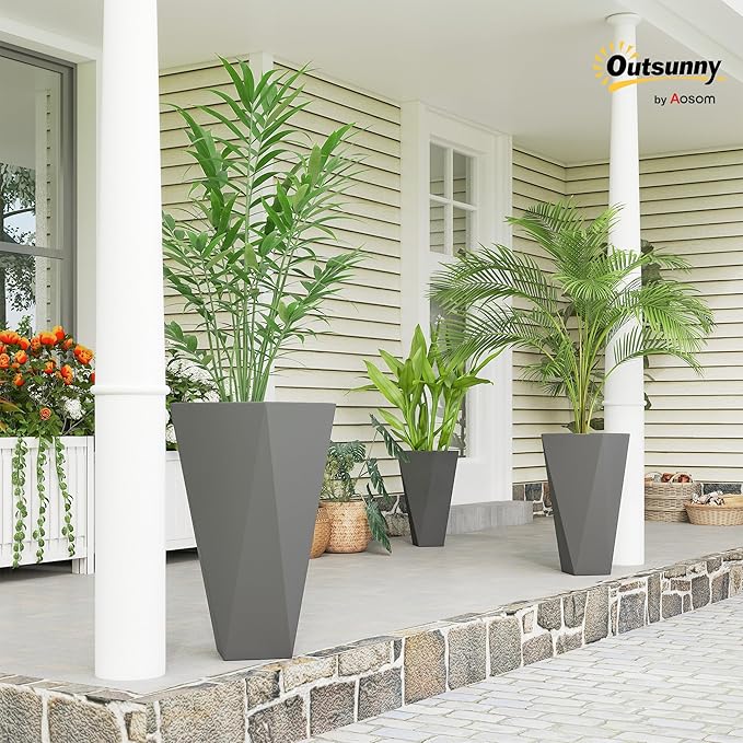 Outsunny Set of 3 Tall Planters, 28.75", 24.5", 20.5", MgO Indoor Outdoor Planters with Drainage Holes, Stackable Flower Pots for Garden, Patio, Balcony, Front Door, Gray