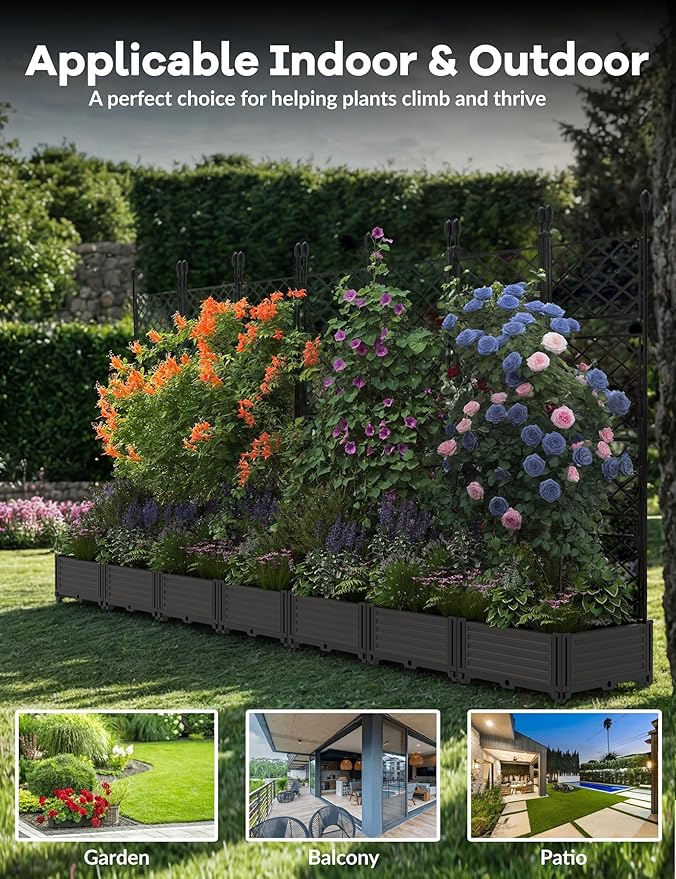 7 PCS Raised Garden Bed with Trellis, 114" LX16 WX63 H Plastic Planter Box for Climbing Plants, Outdoor Vertical Garden with Privacy Screen for Patio, Balcony, Backyard – Sturdy & Lightweight