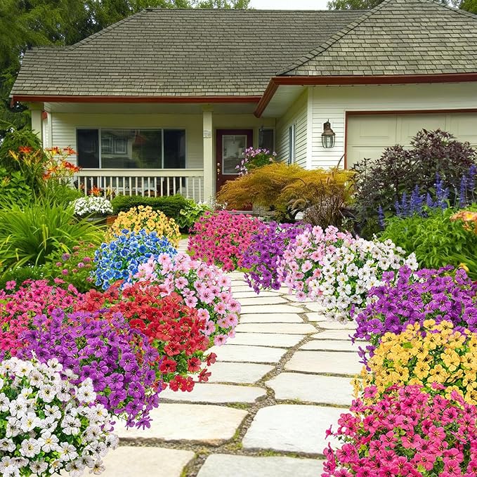 Bassion Artificial Flowers for Outdoors, 24 Bundles UV Resistant Fake Flowers Realistic Silk Faux Plants for Outdoor Planter Window Box Porch Patio Garden Home Outside Decorations
