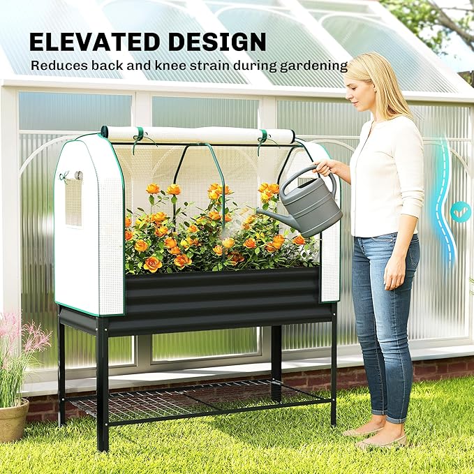 Outsunny Galvanised Raised Garden Bed with Greenhouse Cover, Metal Elevated Garden Bed with Legs, Bed Liner and Bottom Shelf, Outdoor Raised Planter Box for Vegetables, Herbs, Flowers, Black