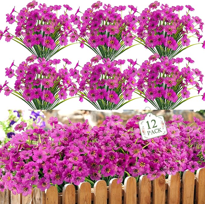 MACTING 12 Bundles Artificial Flowers for Outdoors Fake Flowers UV Resistant Faux Outdoor Plants No Fade for Planters Window Box Patio Porch Yard Garden Spring Summer Decorations(Purple)