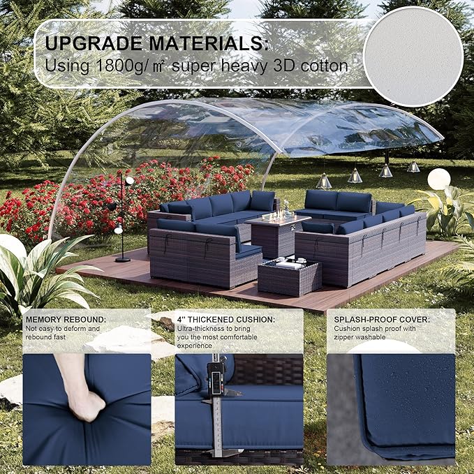 Kullavik 15 Pieces Outdoor Patio Furniture Set with 43" 55000BTU Gas Propane Fire Pit Table PE Wicker Rattan Sectional Sofa Patio Conversation Sets,Navy Blue