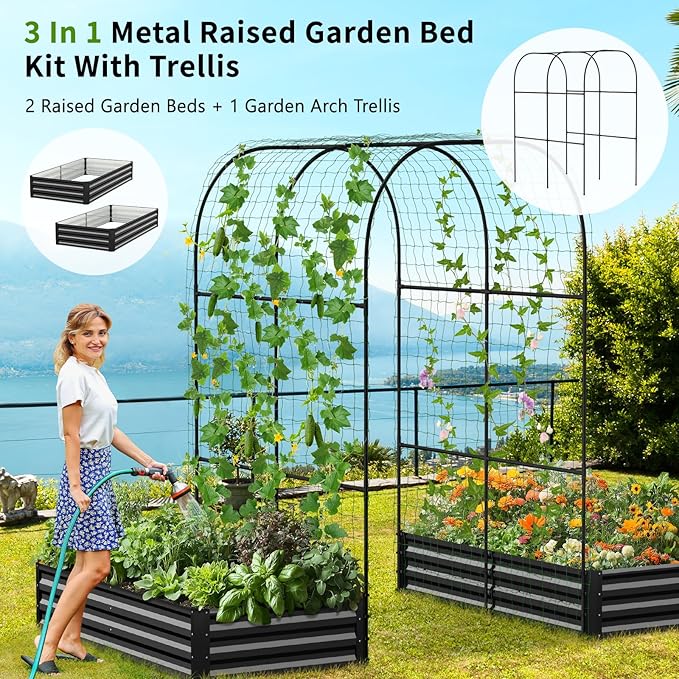 DoCred 3 in 1 Raised Garden Bed with 87in Tall Arch Trellis for Climbing Plants, Galvanized Planter Garden Box Outdoor for Gardening, Climbing Vegetables, Flower, Black
