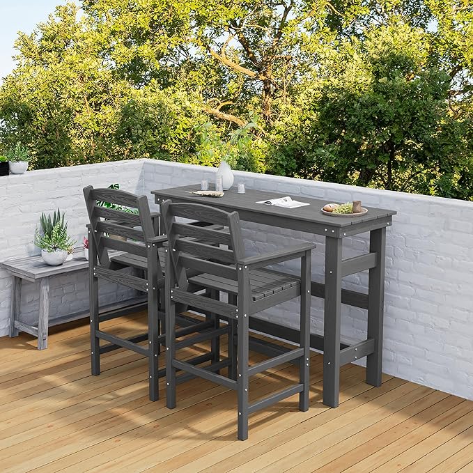 SERWALL Outdoor Bar Table and Chairs Set, Adirondack Bar Chairs Set of 2 and Bar Height Table, All Weather HDPE Patio Bar Set, Outdoor Furniture for Outside, Grey