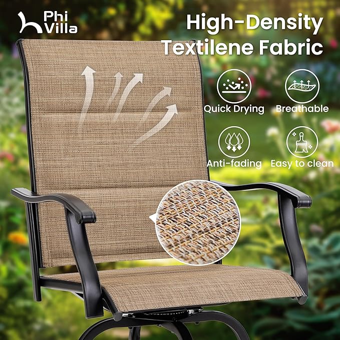 PHI VILLA Outdoor Bar Set with 4 Swivel Bar Height Patio Chairs, Wooden-Like Patio Bar Table and Chairs Furniture Set with Brown Padded Textilene Fabric for Outside, Garden and Deck