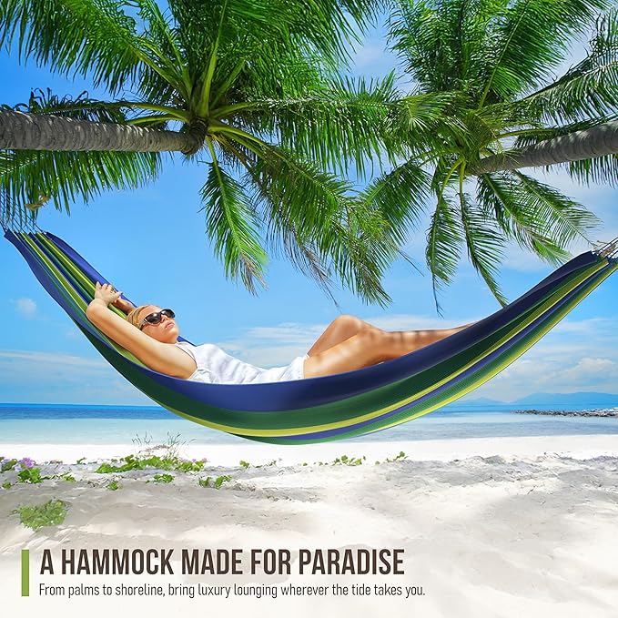 Sorbus Brazilian Double Hammock - Extra-Long 2 Person Portable Hammock Bed for Indoor or Outdoor Spaces - Hanging Rope, Carrying Pouch Included (Blue/Green Stripes)