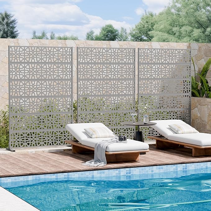 Casaphoria Metal Privacy Screen Outdoor, 72" H x 47" W Freestanding Decorative Privacy Screen for Patio Deck Balcony Garden with Stable Base, Grey-Perilla