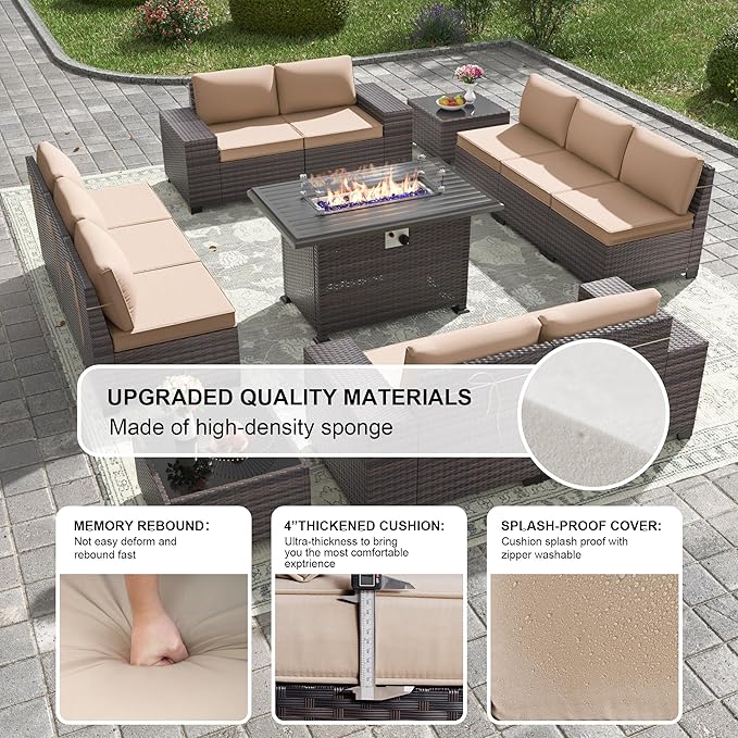Kullavik 13 Pieces Outdoor Patio Furniture Set with 43" 55000BTU Gas Propane Fire Pit Table PE Wicker Rattan Sectional Sofa Patio Conversation Sets,Sand