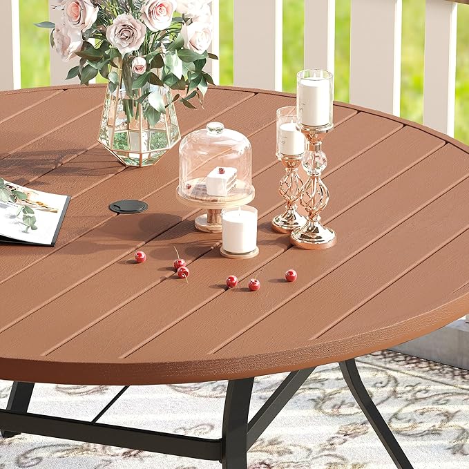 VICLLAX 63" Outdoor Round Patio Table with Umbrella Hole, All Weather Metal Round Outdoor Dining Table for Lawn Garden, 8-10 Person Table, Walnut Wood Grain