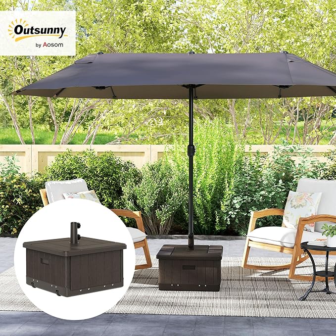 Outsunny 3-in-1 Outdoor Umbrella Base, Coffee End Table, Planter Box with Drain Hole, 175 lbs. Capacity Heavy Duty Fillable Patio Umbrella Stand Table with Wheels and Handles for Deck, Poolside, Brown