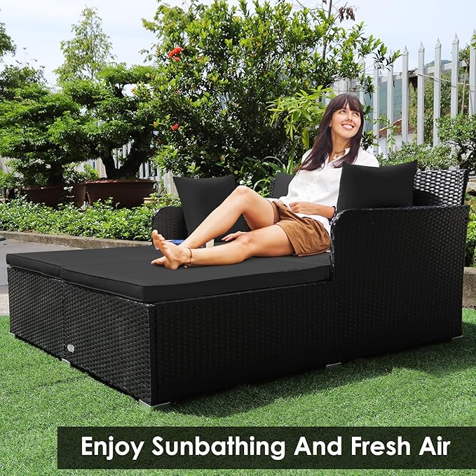 Tangkula Outdoor Rattan Daybed, Wicker Furniture with Spacious Seat, Upholstered Cushion & High-Resilience Sponge, Patio Sofa Set with 4 Pillows, 2-Person Sunbed for Poolside Backyard Garden & Balcony