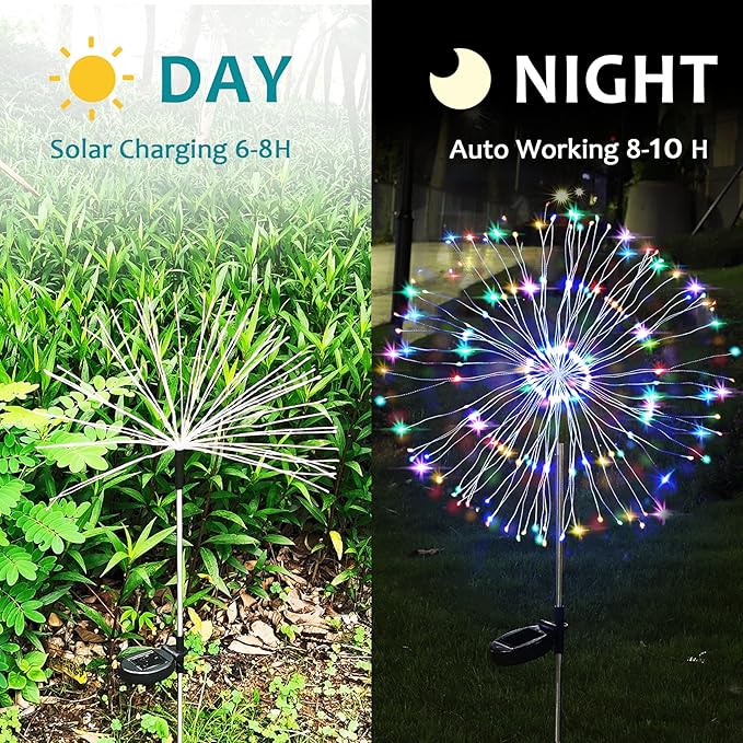 JJGoo Solar Firework Lights, 2 Pack 120 LEDs 2 Lighting Modes Solar Garden Lights Outdoor Waterproof for Yard Patio Walkway Pathway Party Wedding Christmas Decorative - Colorful