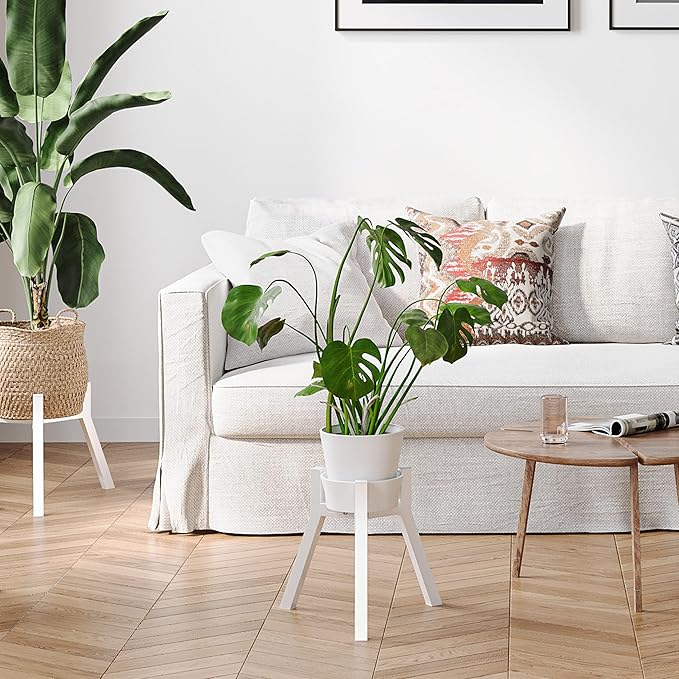 Adjustable Plant Stands Set of 2, Metal Small Plant Holder, Heavy Duty Stable Flower Holder Stand Rack for Various Pot Sizes Indoor Outdoor Corner Living Room Balcony Office White PS-007WH-2