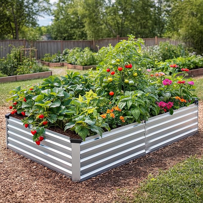 2 Pack 8x4x1FT Galvanized Metal Raised Garden Bed Kit for Vegetables, Herbs, Open-Bottom Large Capacity Outdoor Planter Box Gardening Stakes, Silver