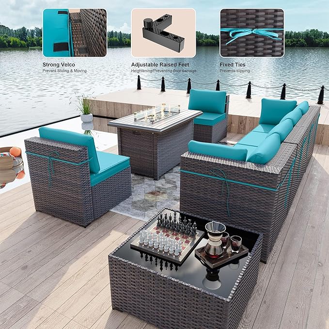 Kullavik 8 Pieces Outdoor Patio Furniture Set with 43" 55000BTU Gas Propane Fire Pit Table PE Wicker Rattan Sectional Sofa Patio Conversation Sets,Blue