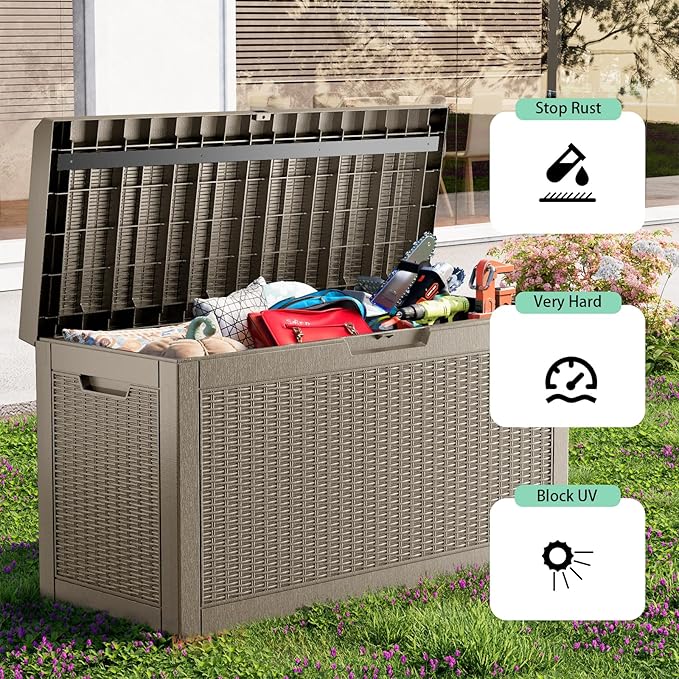ROJIK Outdoor Storage Housing Deck Box,Waterproof Patio Furniture, Garden Tools, Cushions, Pool Accessories Storage Bench with Lockable Lid and Side Handles (Grey,60 Gallon)