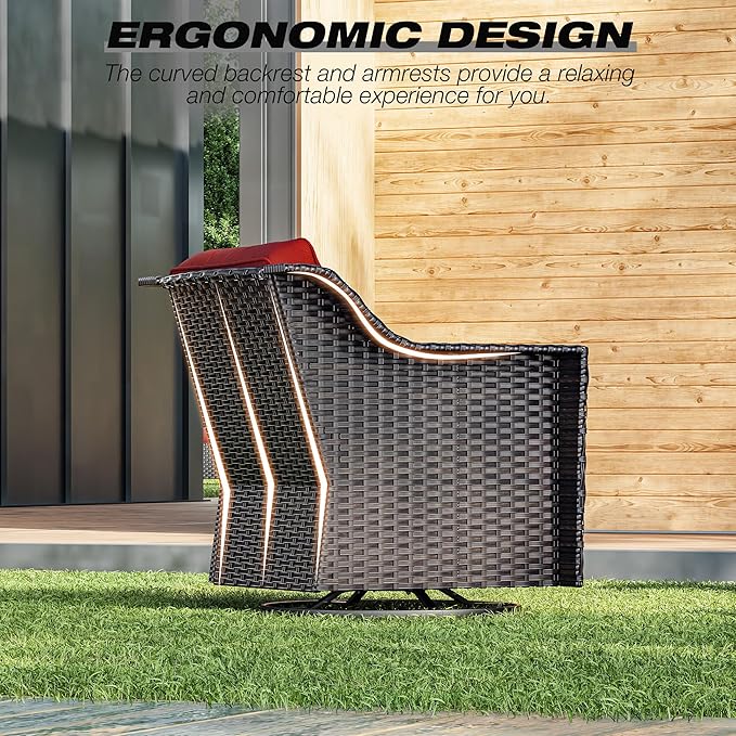Joyside Wicker Patio Furniture Sets, 7 Pieces Upgraded Large Size Outdoor Furniture with 4 Swivel Rocking Patio Chairs, 3-Seat Sofa, Outdoor Ottoman, Thick Cushions, Wide Armrest, Red
