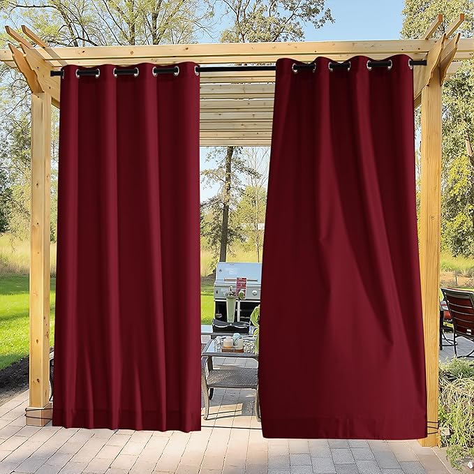 NICETOWN Canvas Outdoor Curtains for Paito 2 Panels, Red, W52 x L84 per Panel - Waterproof & Windproof Sun Shades with Grommet & Back Tab & Rod Pocket, Free Rope Included for Bottom Fixing