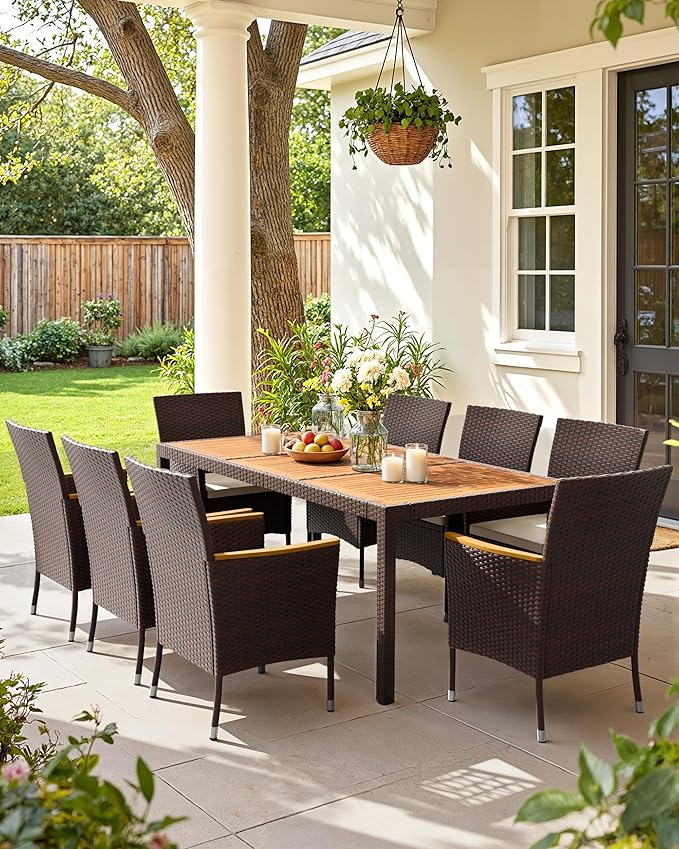 Flamaker 9 Piece Patio Dining Set Outdoor Acacia Wood Table and Chairs with Soft Cushions Wicker Patio Furniture for Deck, Backyard, Garden (Brown)