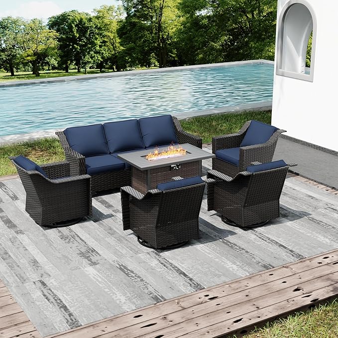 Joyside Wicker Patio Furniture Sets, 8 Pieces Upgraded Large Size Outdoor Furniture with 4 Swivel Rocking Patio Chairs, 3-Seat Sofa, Fire Table, Coffee Table, Thick Cushions, Wide Armrest, Blue