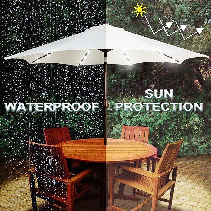 Blissun 9 ft Solar Umbrella, 32 LED Lighted Patio Umbrella, Table Market Umbrella, Outdoor Umbrella for Garden, Deck, Backyard, Pool and Beach (Creamy White)