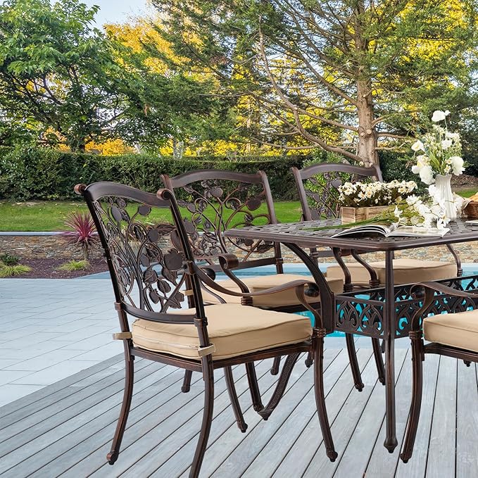 60" Cast Aluminum Outdoor Dining Table – Rectangular Red Copper Patio Table with 2" Umbrella Hole, Weather-Resistant for Garden, Backyard, and Lawn