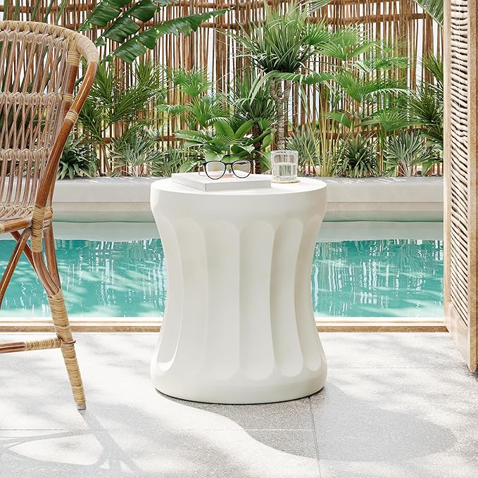 Christopher Knight Home Earleant Outdoor Side Table, Lightweight Concrete Garden Stool with Round top and Cinched Waist, Decorative Accent Table Patio End Table for Balcony Beach Pool, Antique White