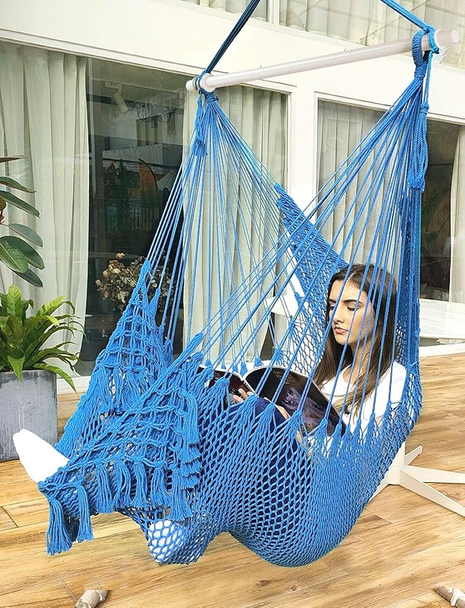 Chihee Hammock Chair Super Large Hanging Chair Soft-Spun Cotton Rope Weaving Chair, Collapsible Strong Metal Spreader Bar Wide Seat Lace Stretch Swing Chair Indoor Outdoor Garden Yard Theme Decoration