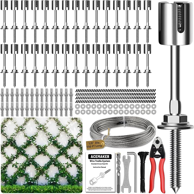 Wire Trellis for Climbing Plants Outdoor, 30-Set Wall Wire Trellis Kit with 1/8in x 150ft Stainless Steel Cable & Cutter, T316 Espalier System for Fence and Garden DIY Projects
